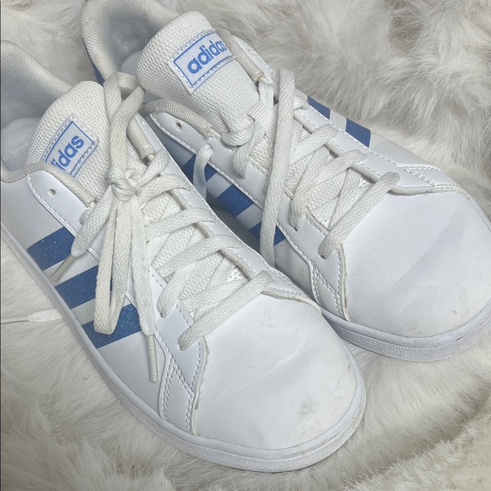 adidas Kids White Sneakers with Blue Glitter Stripes - Picture 4 of 5